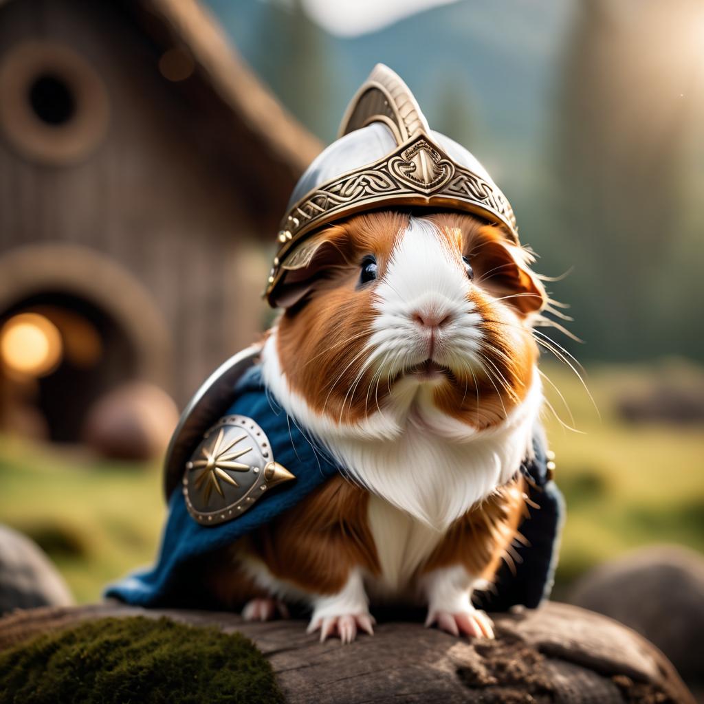 abyssinian guinea pig as a viking, wearing traditional armor and helmet, set in a detailed viking environment.