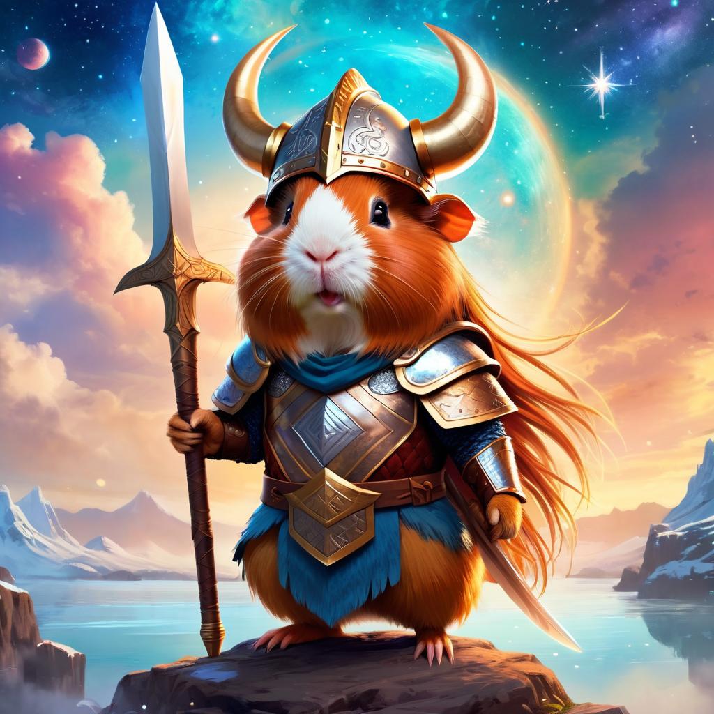 abyssinian guinea pig as a viking, wearing traditional armor and helmet, in a magical viking environment.