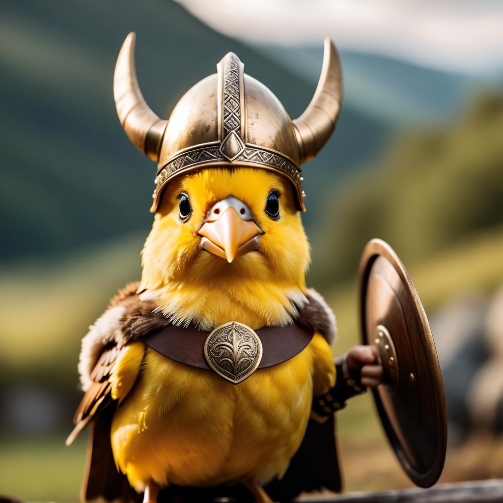 canary bird as a viking, wearing traditional armor and helmet, set in a detailed viking environment.