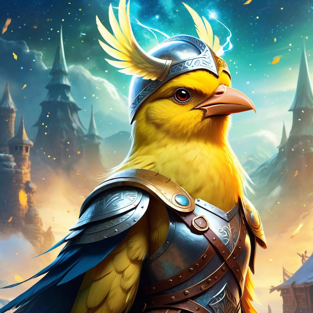 canary bird as a viking, wearing traditional armor and helmet, in a magical viking environment.