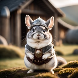 standard grey chinchilla as a viking, wearing traditional armor and helmet, set in a detailed viking environment.