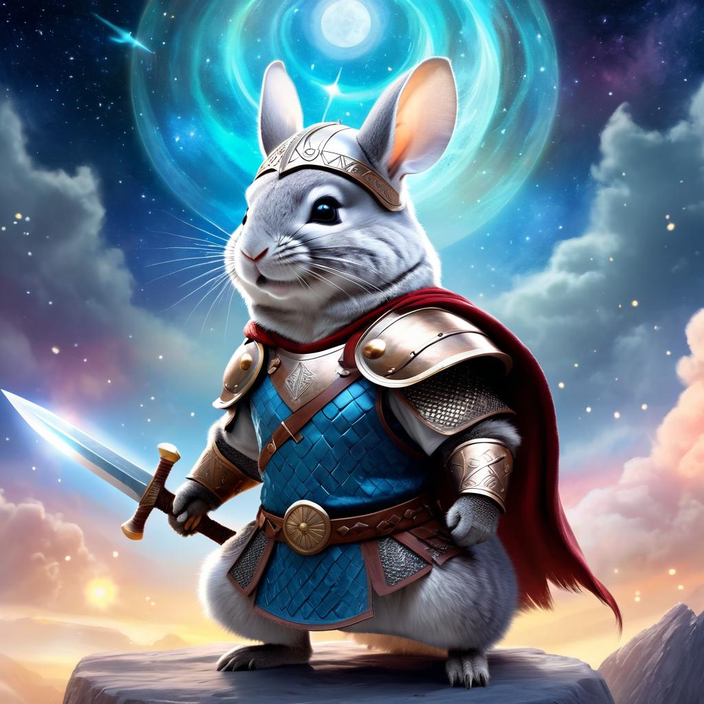 standard grey chinchilla as a viking, wearing traditional armor and helmet, in a magical viking environment.