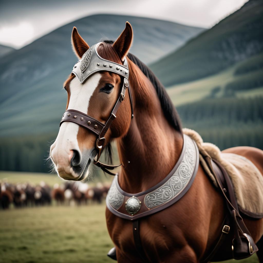 clydesdale horse as a viking, wearing traditional armor and helmet, set in a detailed viking environment.