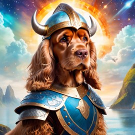 cocker spaniel as a viking, wearing traditional armor and helmet, in a magical viking environment.