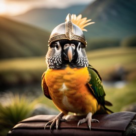 conure bird as a viking, wearing traditional armor and helmet, set in a detailed viking environment.