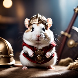 winter white russian dwarf hamster as a viking, wearing traditional armor and helmet, set in a detailed viking environment.