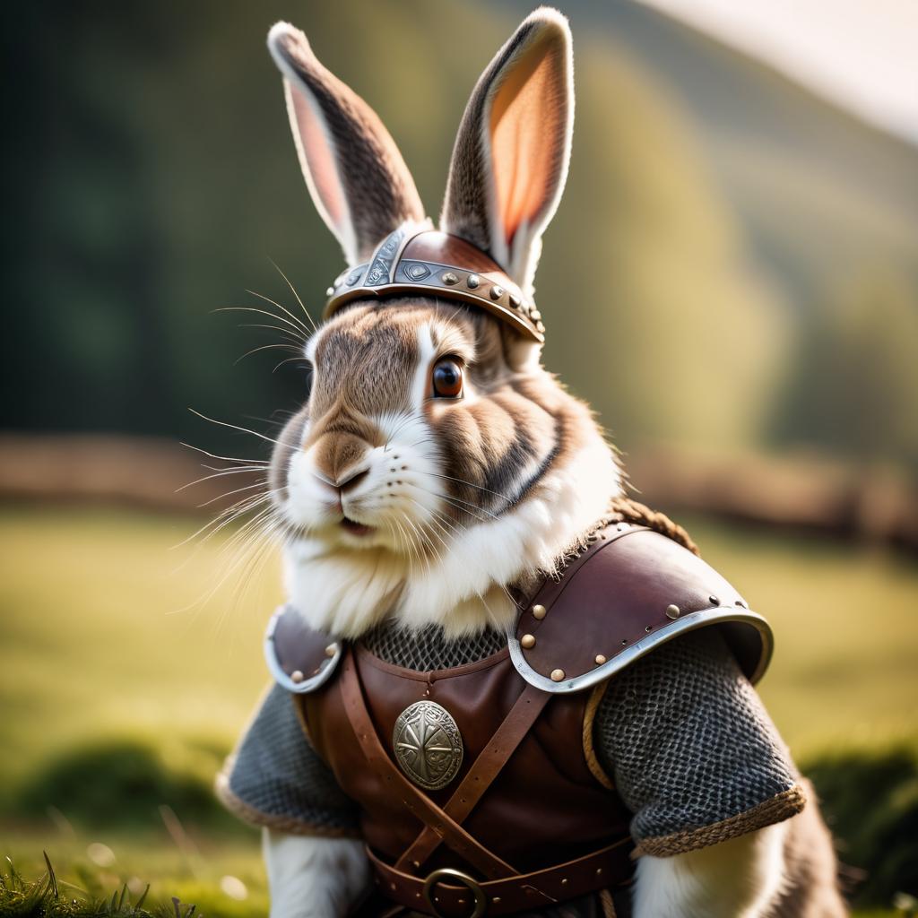 flemish giant rabbit as a viking, wearing traditional armor and helmet, set in a detailed viking environment.