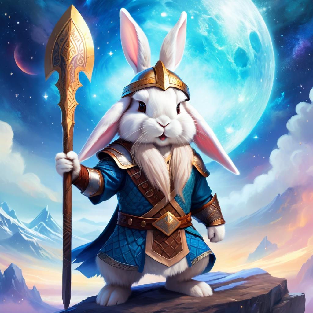 american fuzzy lop rabbit as a viking, wearing traditional armor and helmet, in a magical viking environment.