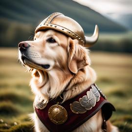 golden retriever as a viking, wearing traditional armor and helmet, set in a detailed viking environment.