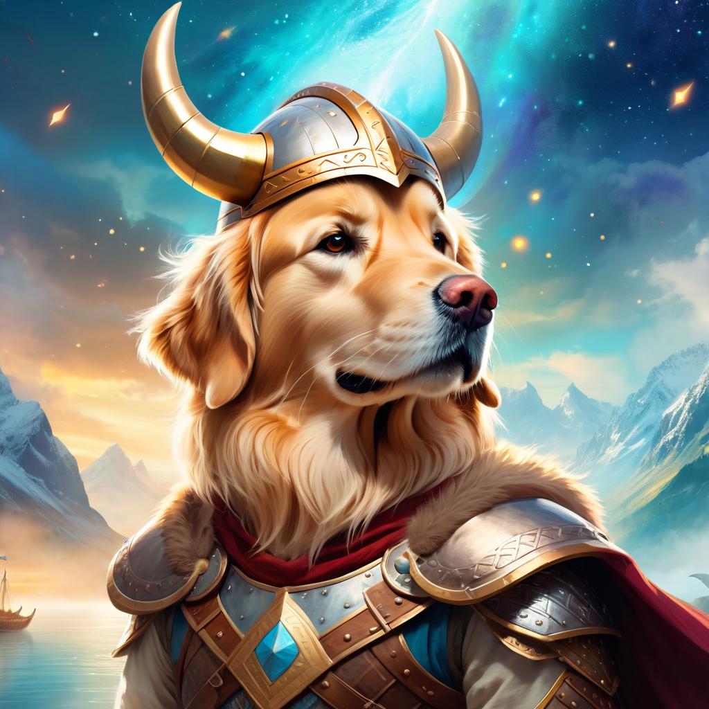 golden retriever as a viking, wearing traditional armor and helmet, in a magical viking environment.