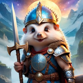 european hedgehog as a viking, wearing traditional armor and helmet, in a magical viking environment.