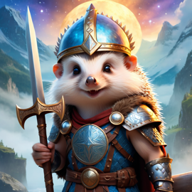 european hedgehog as a viking, wearing traditional armor and helmet, in a magical viking environment.