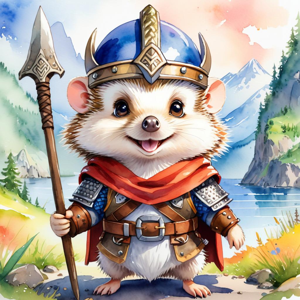 watercolor painting of european hedgehog as a viking, wearing traditional armor and helmet, in a vibrant viking environment.