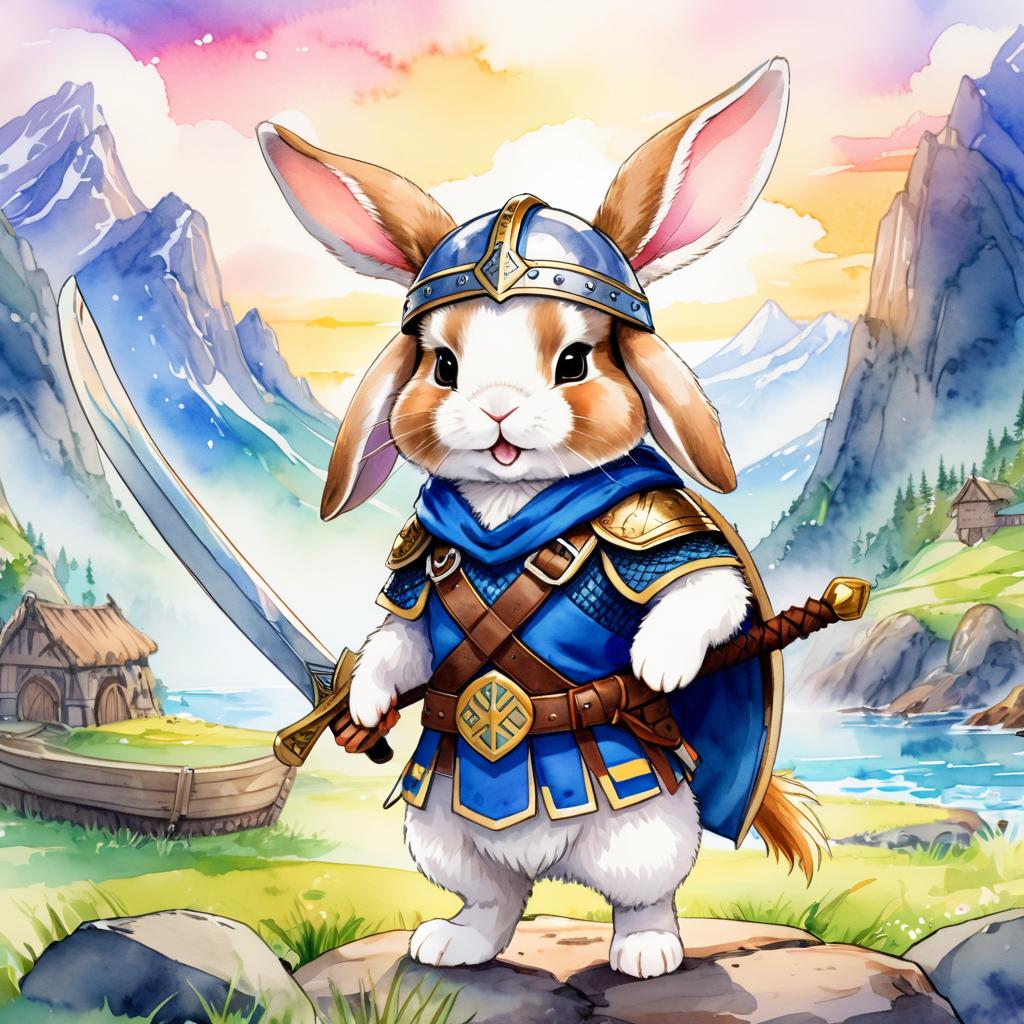 watercolor painting of holland lop rabbit as a viking, wearing traditional armor and helmet, in a vibrant viking environment.