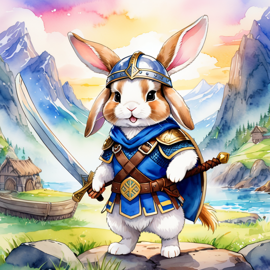 watercolor painting of holland lop rabbit as a viking, wearing traditional armor and helmet, in a vibrant viking environment.