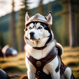 siberian husky as a viking, wearing traditional armor and helmet, set in a detailed viking environment.