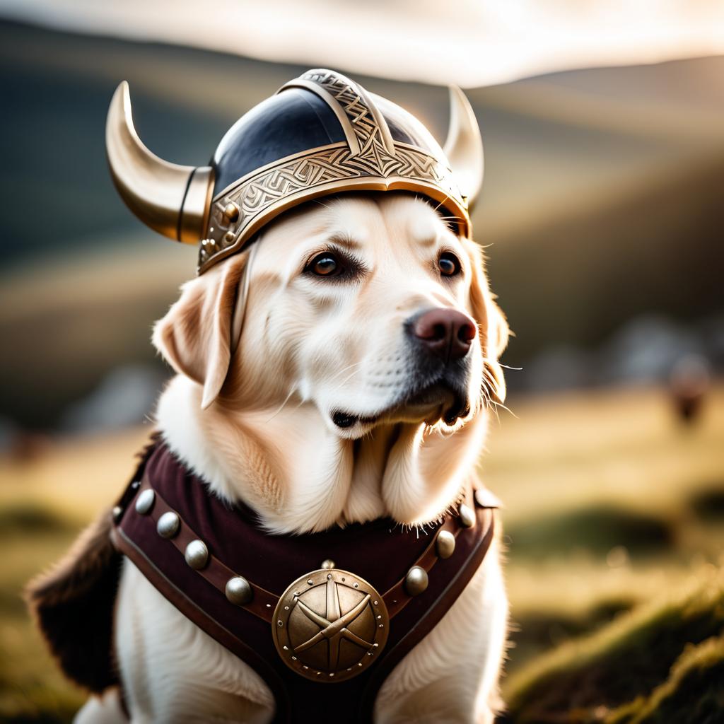 labrador retriever as a viking, wearing traditional armor and helmet, set in a detailed viking environment.