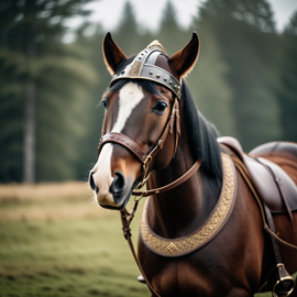 morgan horse as a viking, wearing traditional armor and helmet, set in a detailed viking environment.