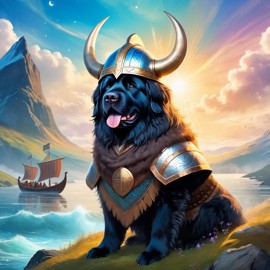 newfoundland as a viking, wearing traditional armor and helmet, in a magical viking environment.