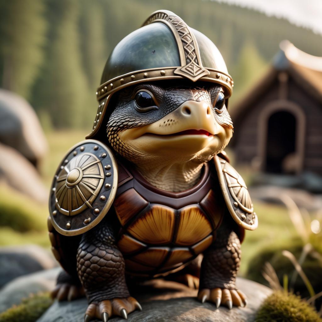 painted turtle turtle/tortoise as a viking, wearing traditional armor and helmet, set in a detailed viking environment.