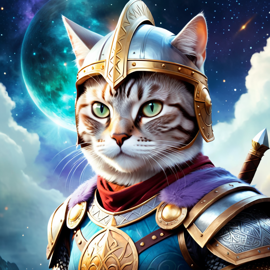 american shorthair cat as a viking, wearing traditional armor and helmet, in a magical viking environment.