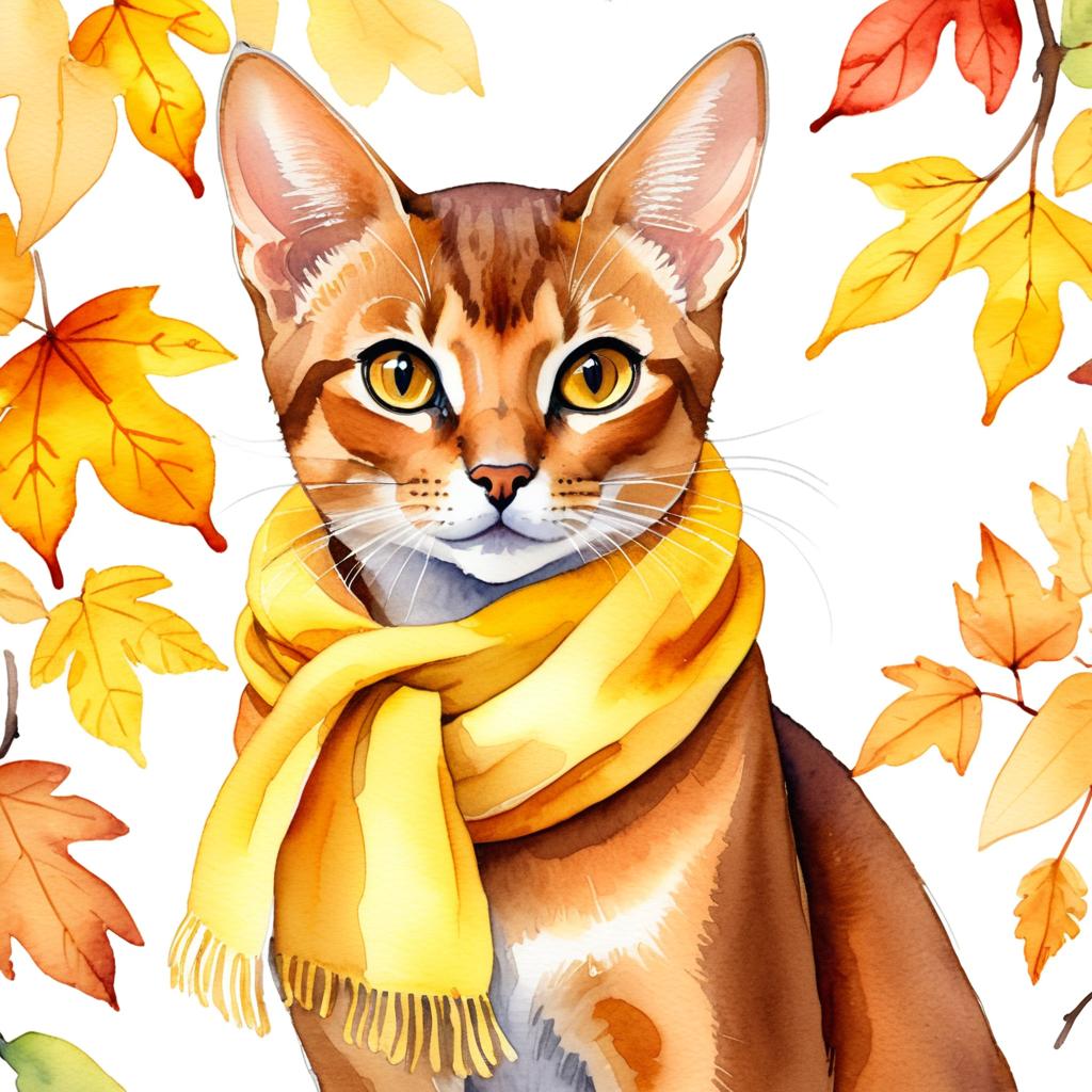 watercolor painting of abyssinian cat in autumn, wearing a yellow scarf, vibrant and detailed.