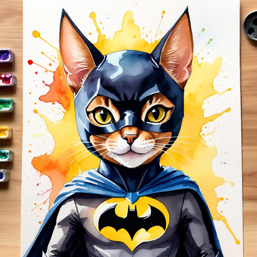 watercolor painting of abyssinian cat as batman, wearing batman suit and mask, vibrant and detailed.