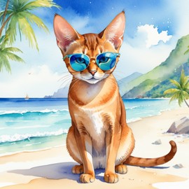 watercolor painting of abyssinian cat on a beach with white sand and blue sea, wearing sunglasses.