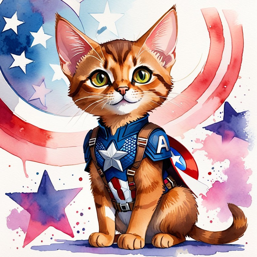 watercolor painting of abyssinian cat as captain america from avengers, vibrant and detailed.