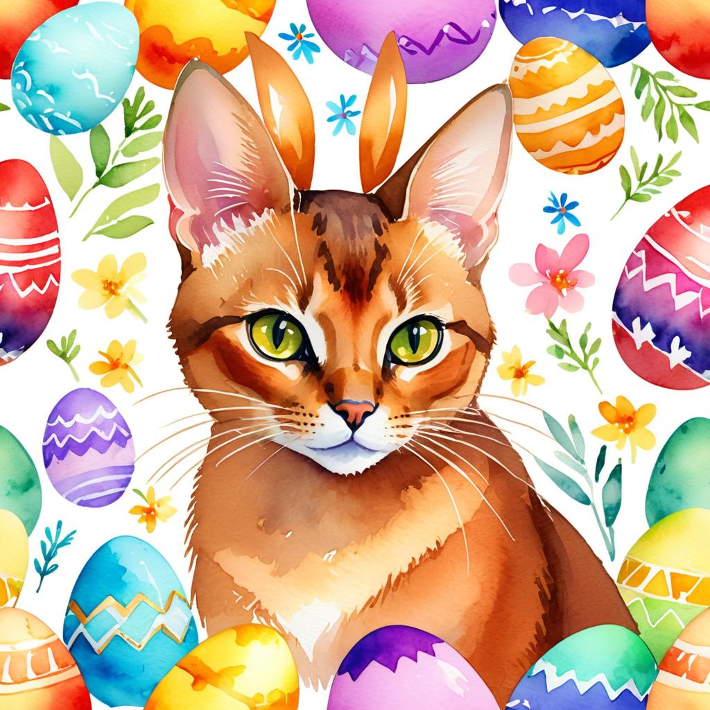 watercolor painting of abyssinian cat in a vibrant easter scene with colorful eggs, highly detailed and joyful.