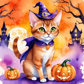 watercolor illustration of abyssinian cat in a halloween costume with a vibrant and festive atmosphere surrounded by pumpkins.