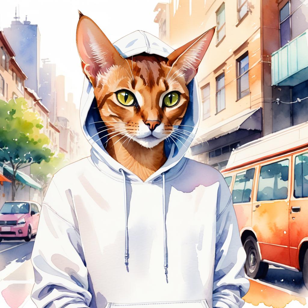 watercolor painting of abyssinian cat in a white hoodie, featuring a vibrant and detailed urban scene with a happy and cute look.