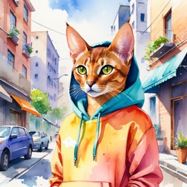 watercolor painting of abyssinian cat in a colorful hoodie, set in a vibrant urban setting, capturing a detailed and happy mood.