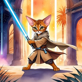 watercolor painting of abyssinian cat as a jedi knight, holding a lightsaber with a star wars backdrop in a vibrant, detailed style.