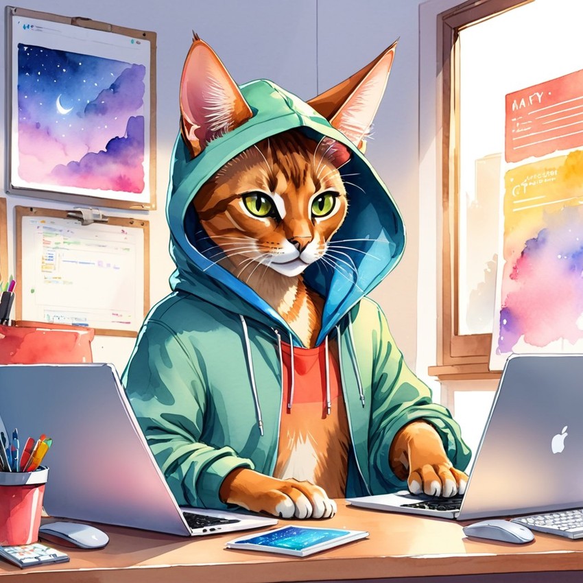 watercolor illustration of abyssinian cat as a programmer, working on a laptop in a hoodie, capturing a cute and vibrant scene.