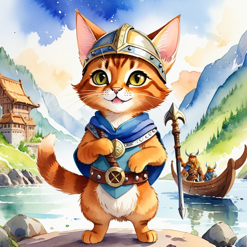 watercolor painting of abyssinian cat as a viking, wearing traditional armor and helmet, in a vibrant viking environment.