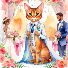 watercolor painting of abyssinian cat at a wedding in a beautiful wedding suit, looking cute and happy in a vibrant, detailed style.