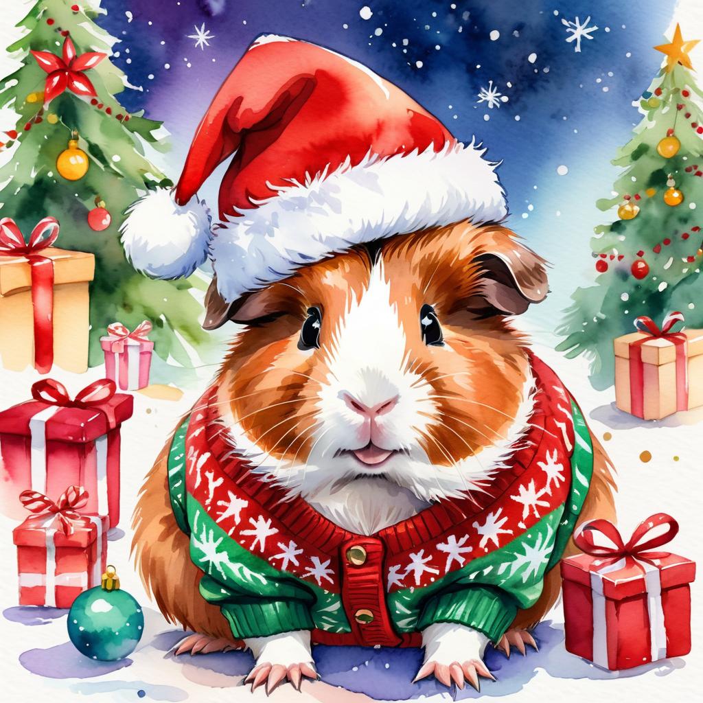 watercolor painting of abyssinian guinea pig in a christmas sweater and santa hat, festive and vibrant.