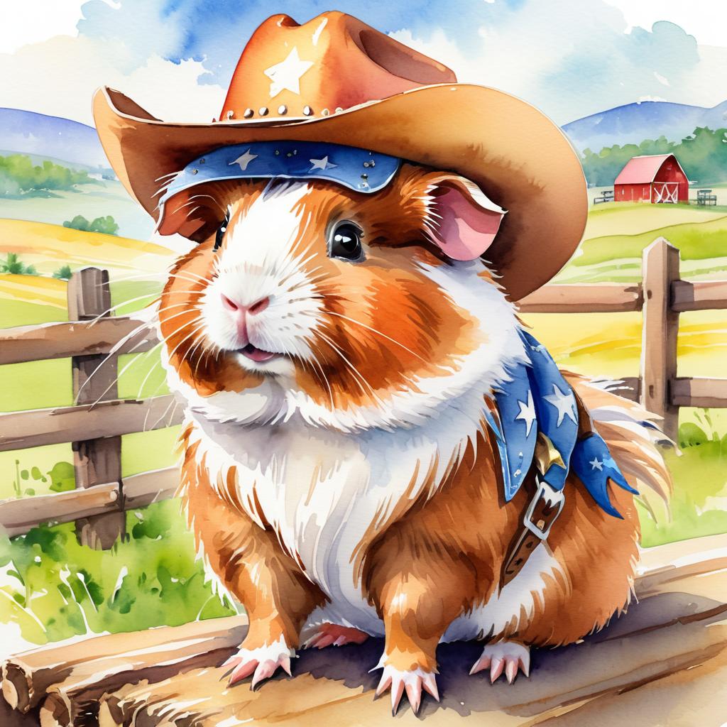 watercolor painting of abyssinian guinea pig as a cowboy wearing a hat, in the midwest countryside, on a farm.