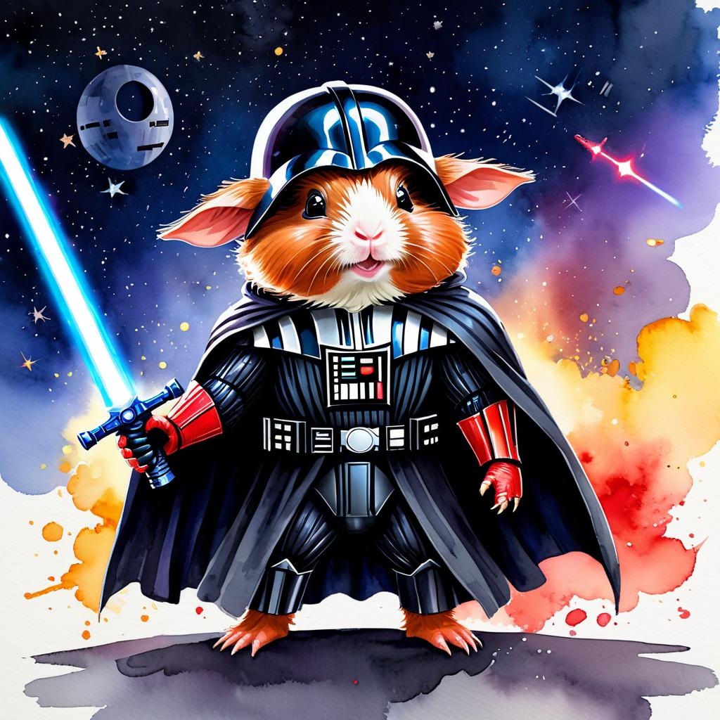 watercolor painting of abyssinian guinea pig as darth vader from star wars, dressed as darth vader in a vibrant star wars scene.