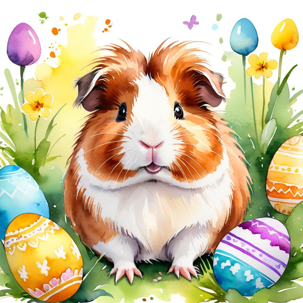 watercolor painting of abyssinian guinea pig in a vibrant easter scene with colorful eggs, highly detailed and joyful.