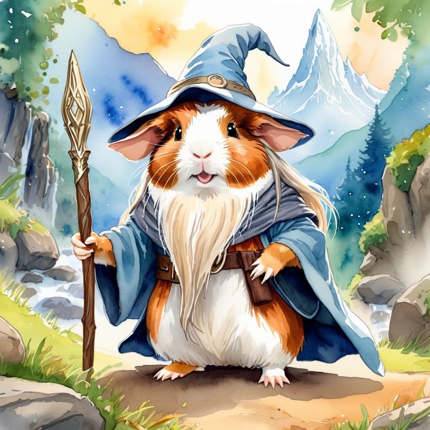 watercolor painting of abyssinian guinea pig as gandalf, featuring a white beard and a vibrant fantasy setting.