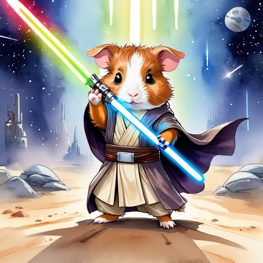 watercolor painting of abyssinian guinea pig as a jedi knight, holding a lightsaber with a star wars backdrop in a vibrant, detailed style.