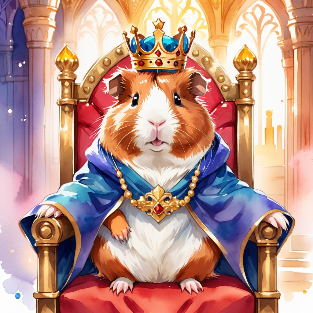 watercolor painting of abyssinian guinea pig as a king in a magical castle, wearing a crown and robe, seated on a throne.