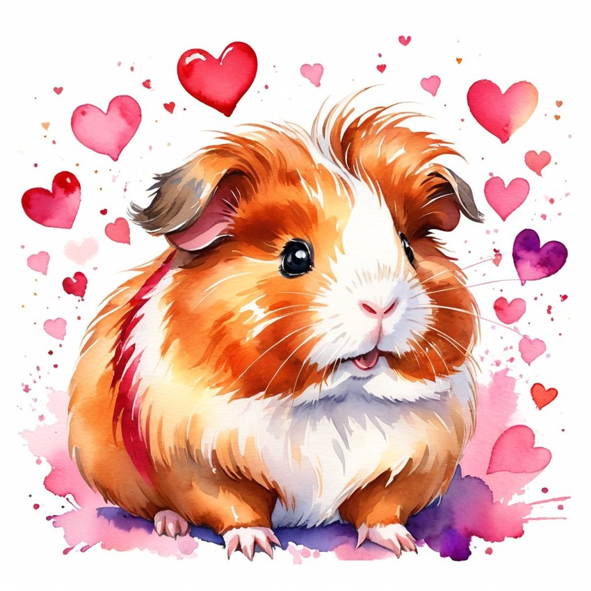 watercolor painting of abyssinian guinea pig with hearts, capturing a lovely, cute, and happy expression in vibrant, detailed style.