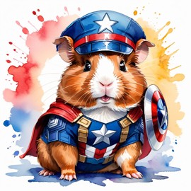 watercolor painting of abyssinian guinea pig as captain america from avengers, vibrant and detailed.