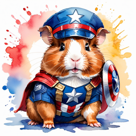 watercolor painting of abyssinian guinea pig as captain america from avengers, vibrant and detailed.