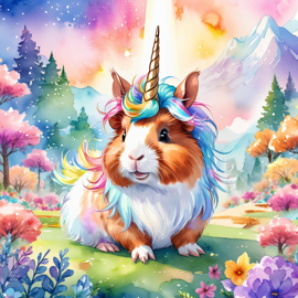 watercolor painting of abyssinian guinea pig as a unicorn in a vibrant fairytale setting, capturing a cute and happy scene with detailed illustration.