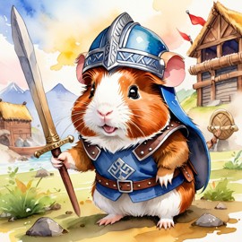 watercolor painting of abyssinian guinea pig as a viking, wearing traditional armor and helmet, in a vibrant viking environment.