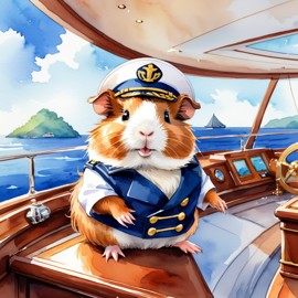 watercolor painting of abyssinian guinea pig as a captain on a luxury yacht, wearing captain uniform, vibrant and detailed.